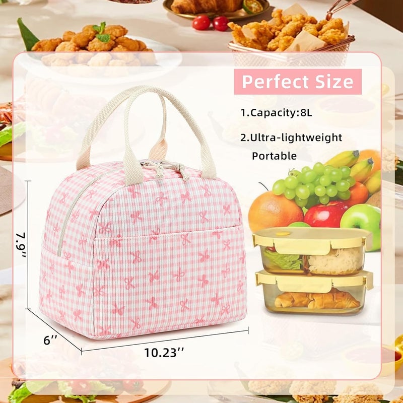 LEDAOU Lunch Box for Women Insulated Lunch Bag Corduroy Lunch Tote Bags Leakproof Cooler Lunch Case for Travel Work Picnic (Pink Bow Checkered) - Image 3